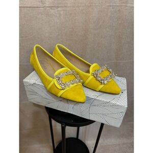 Chase + Chloe James-5 Yellow Pointed Toe Rhinestone Buckle Flats Womens 8